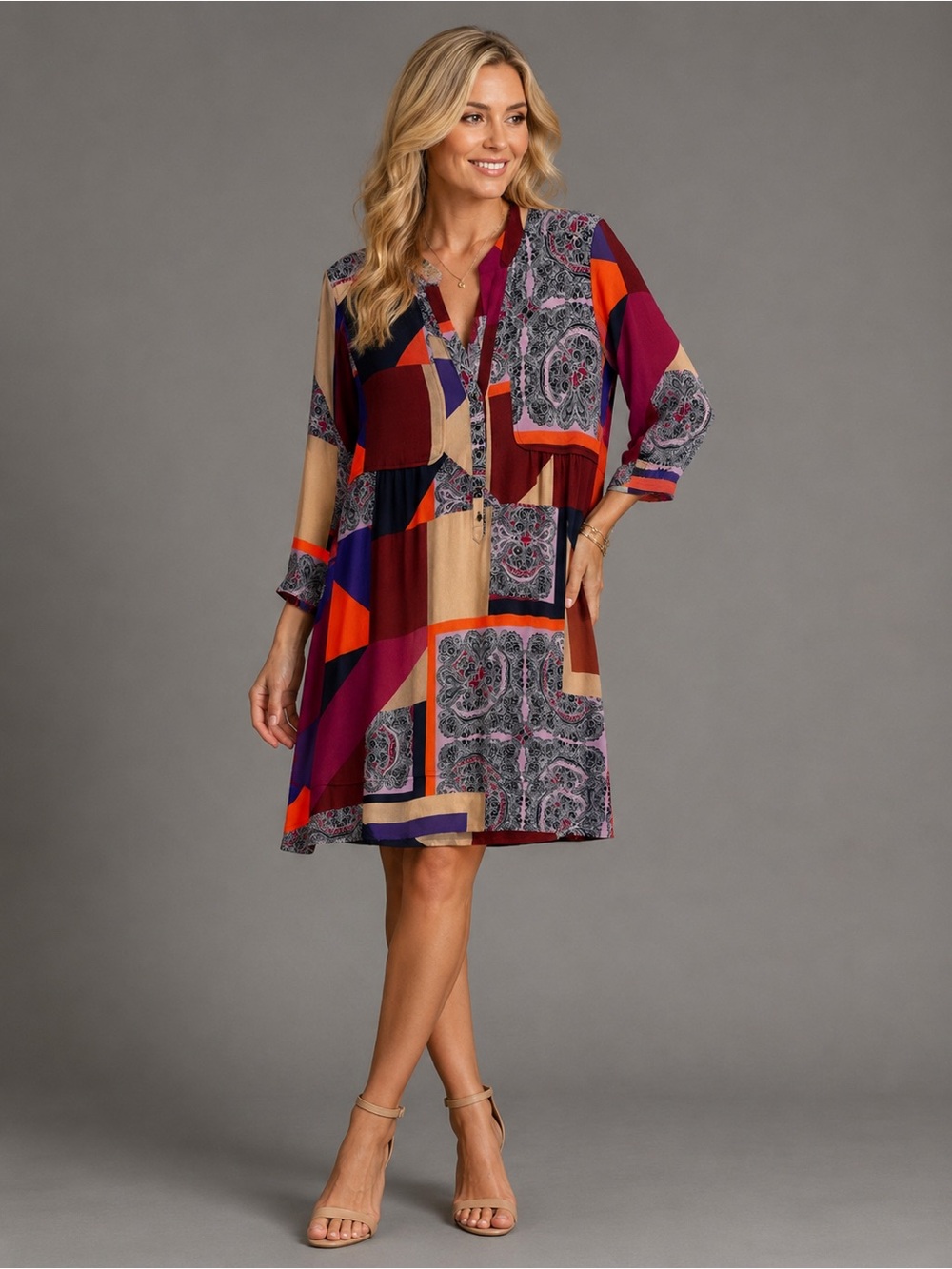 Anthro - Maeve Multicolor Patchwork V-Neck Long-Sleeve Shift Dress